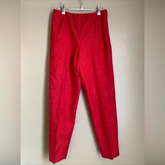 Dana Buchman Womens Silk Pants 6 Red Embroidered Floral Valentines Day Luxury